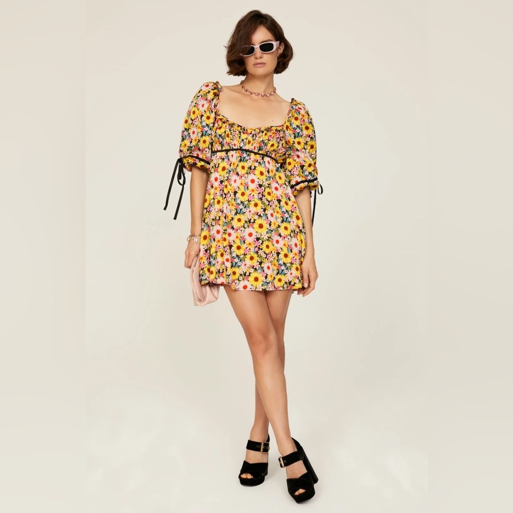 NEW For Love & Lemons Sylvia Yellow Floral Mini Dress XS Summer Coquette